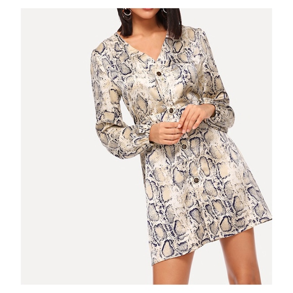 Snake Print Long Sleeve Button Down Mini Dress - Picture 2 of 5